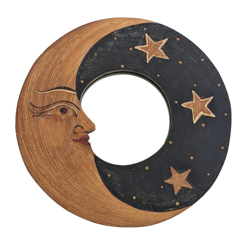 Vintage 1990s Celestial Mirror Crescent Moon Face Stars Whimsigoth Folk Art 8"